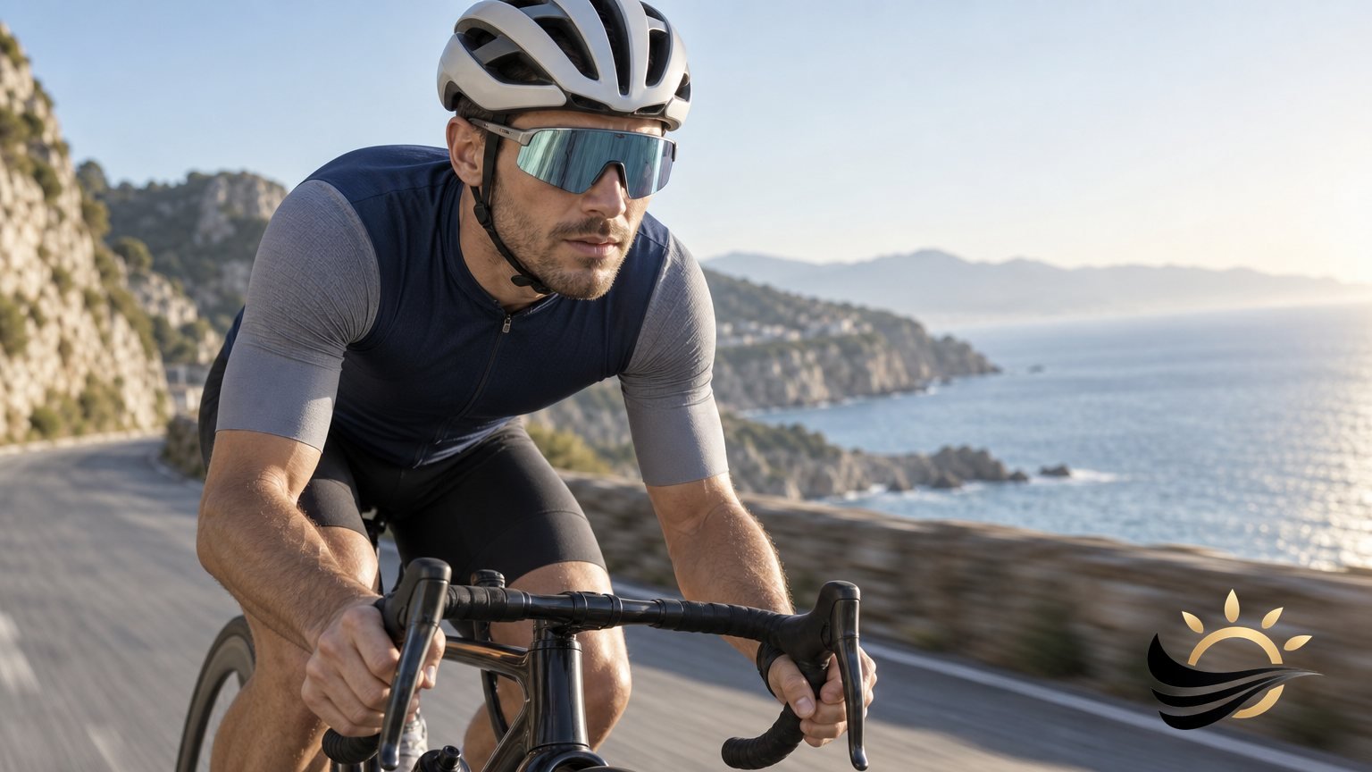 Road cyclist wearing shield-style sports sunglasses with one wide mirrored lens on a coastal road