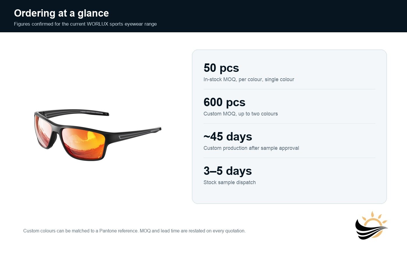 Sports sunglasses ordering at a glance - MOQ and lead time