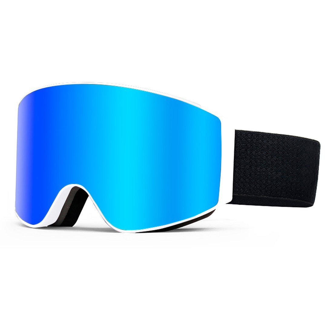 Magnetic ski goggles with blue mirror cylindrical lens and black strap