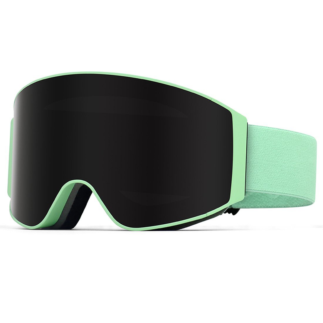 Ski goggles with dark lens, olive green frame and strap