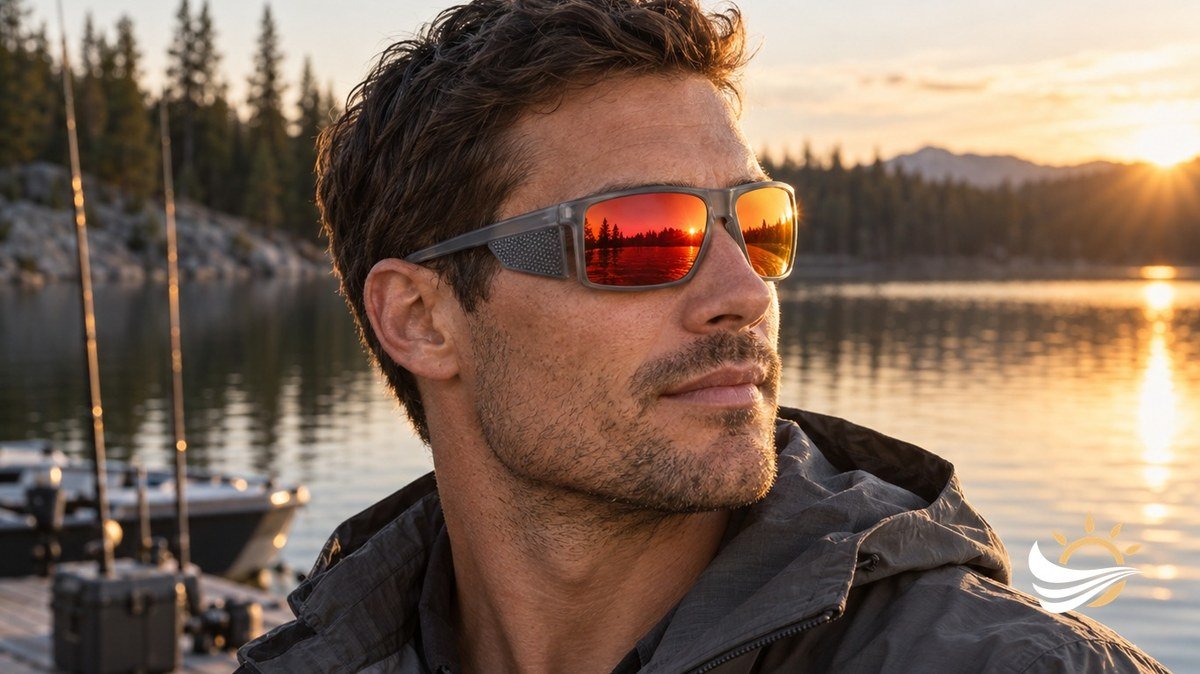 Angler on a lakeside dock wearing sport sunglasses with orange-red mirrored lenses