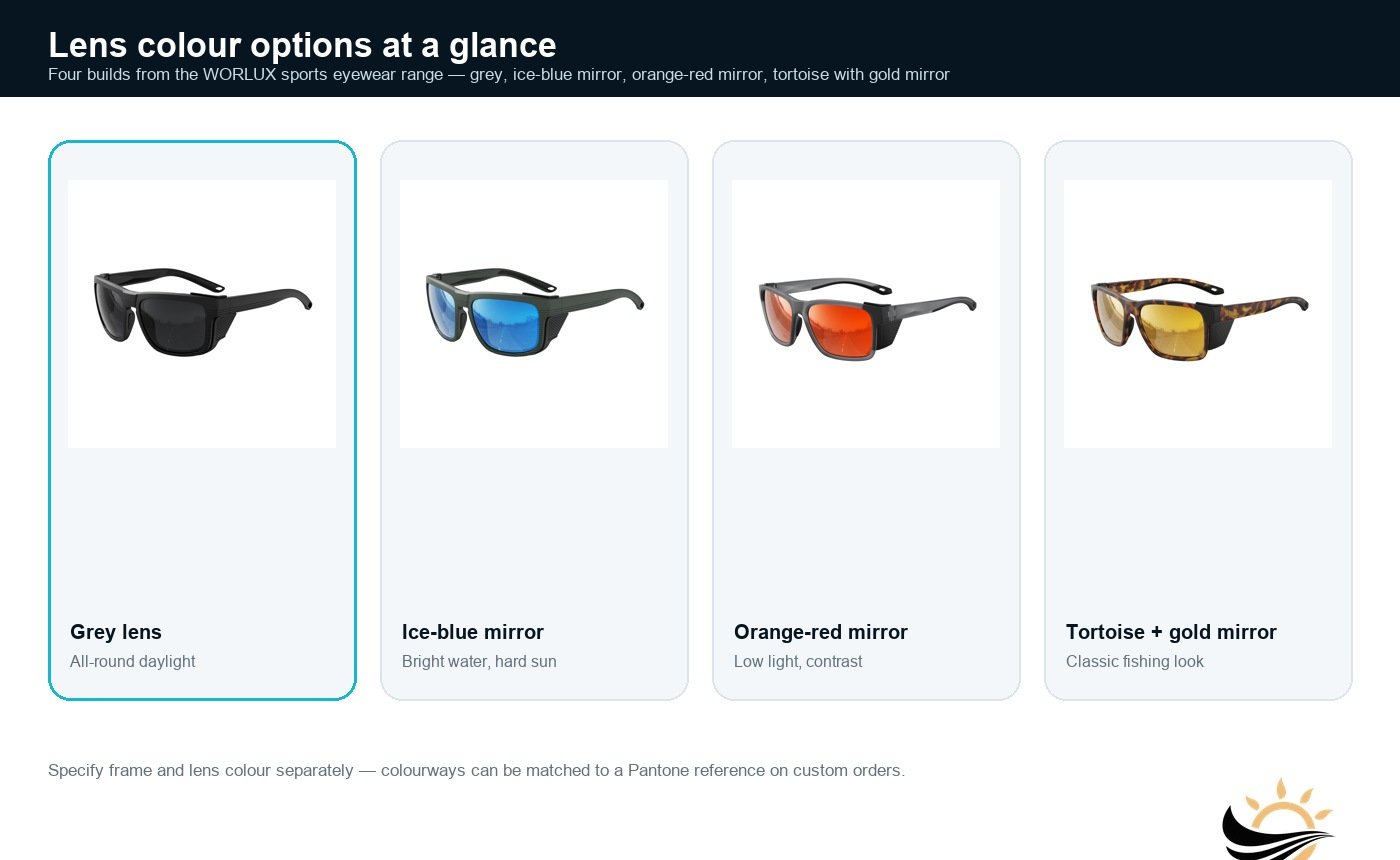 Four sport sunglasses lens colourways compared - grey, ice-blue mirror, orange-red mirror and tortoise with gold mirror