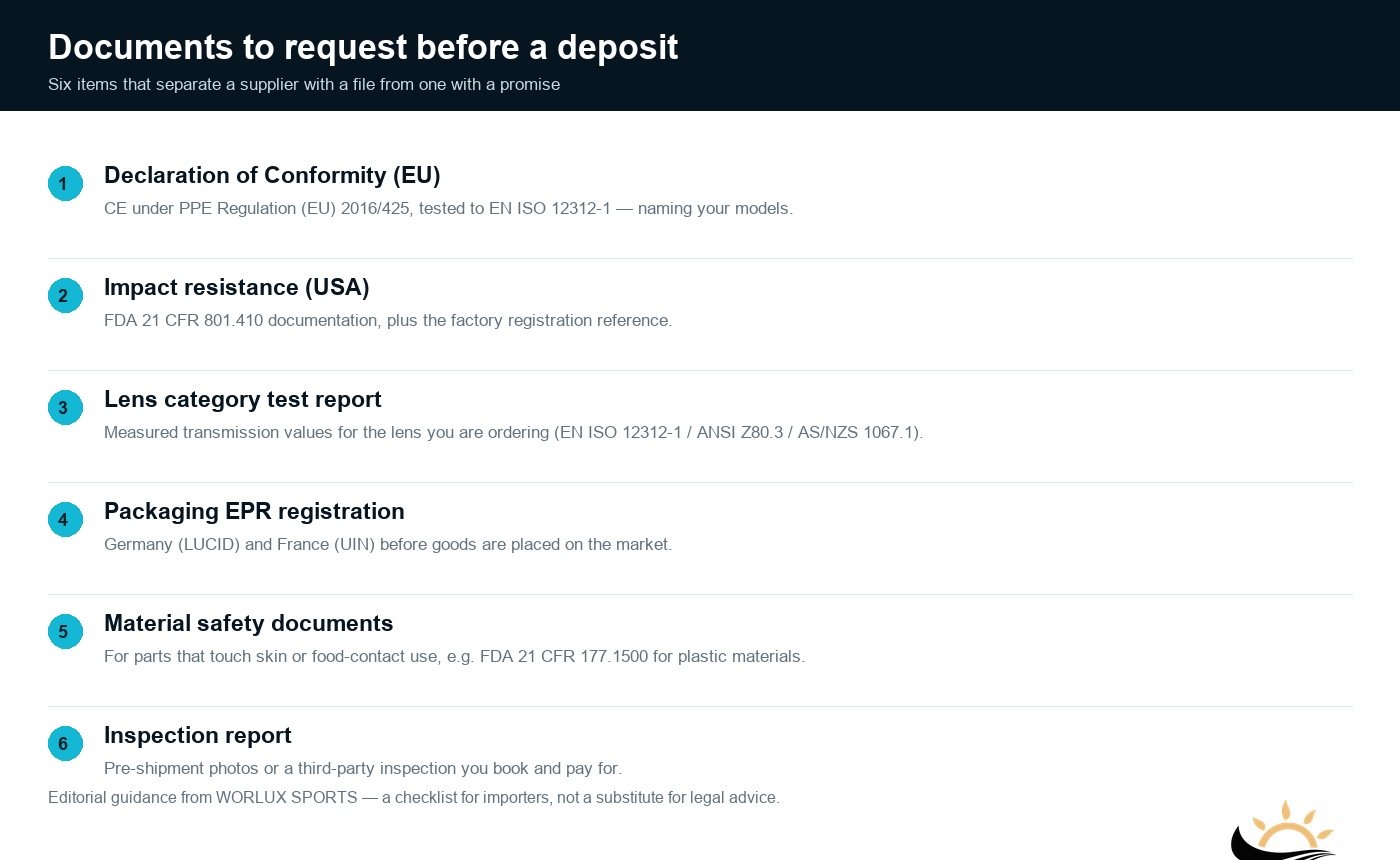 Checklist of documents to request from a sunglasses supplier before paying a deposit