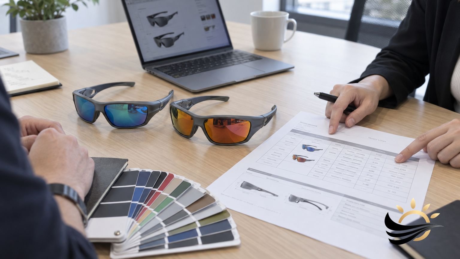Sport sunglasses samples, colour swatches and a quotation sheet on a sourcing meeting table