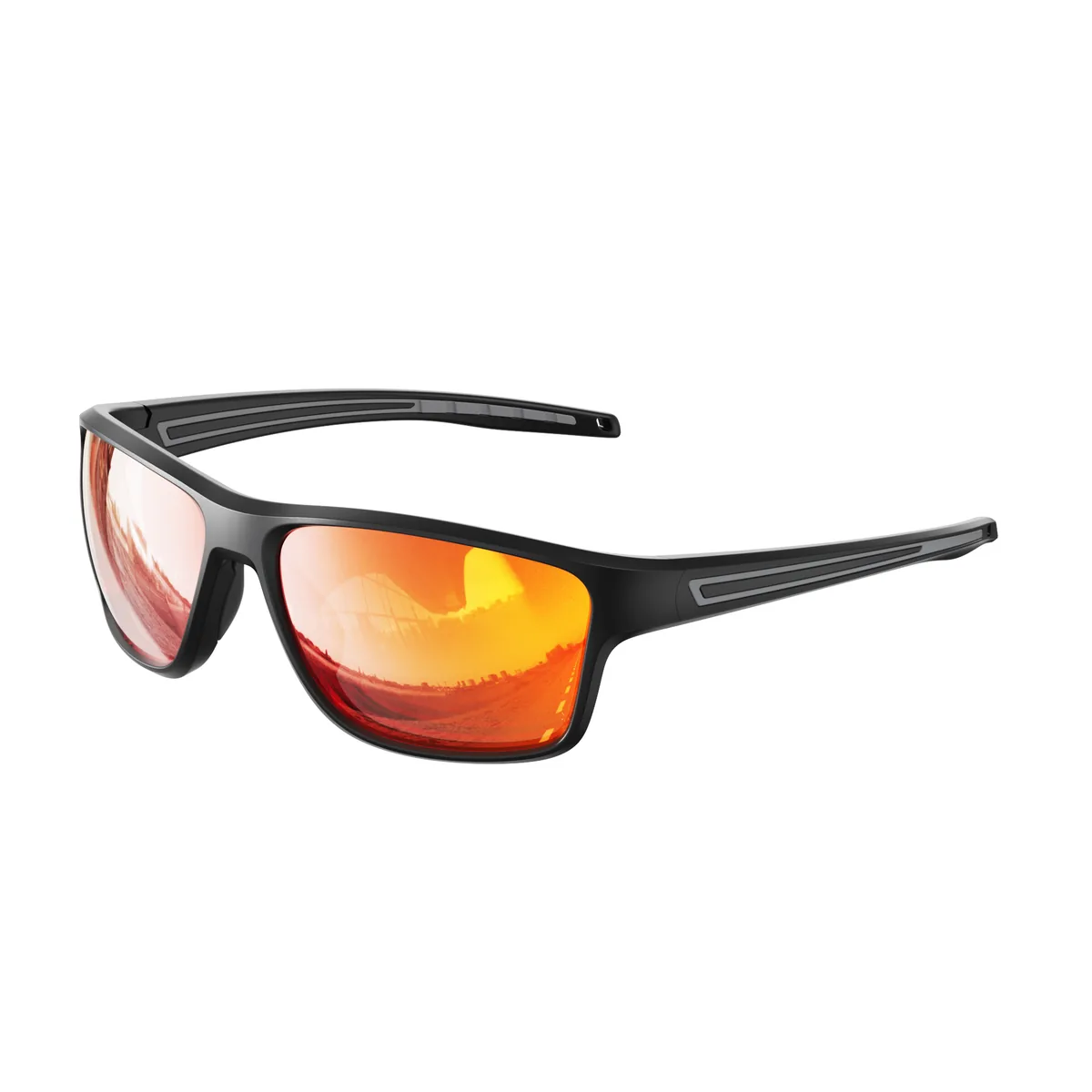 WORLUX KA01-01 full-rim sports sunglasses, matte black frame with orange red — three-quarter view