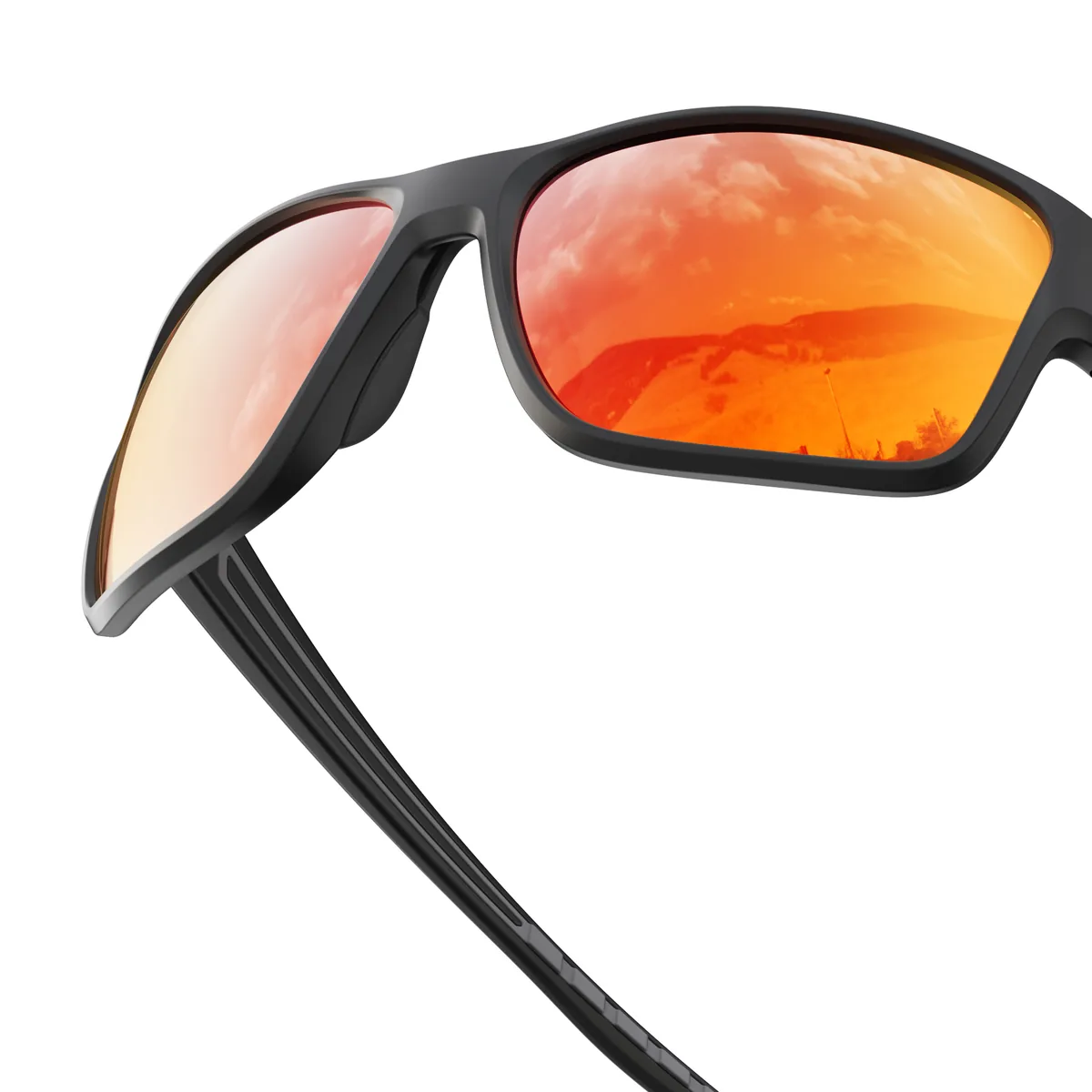 WORLUX KA01-01 full-rim sports sunglasses, matte black frame with orange red — lens detail