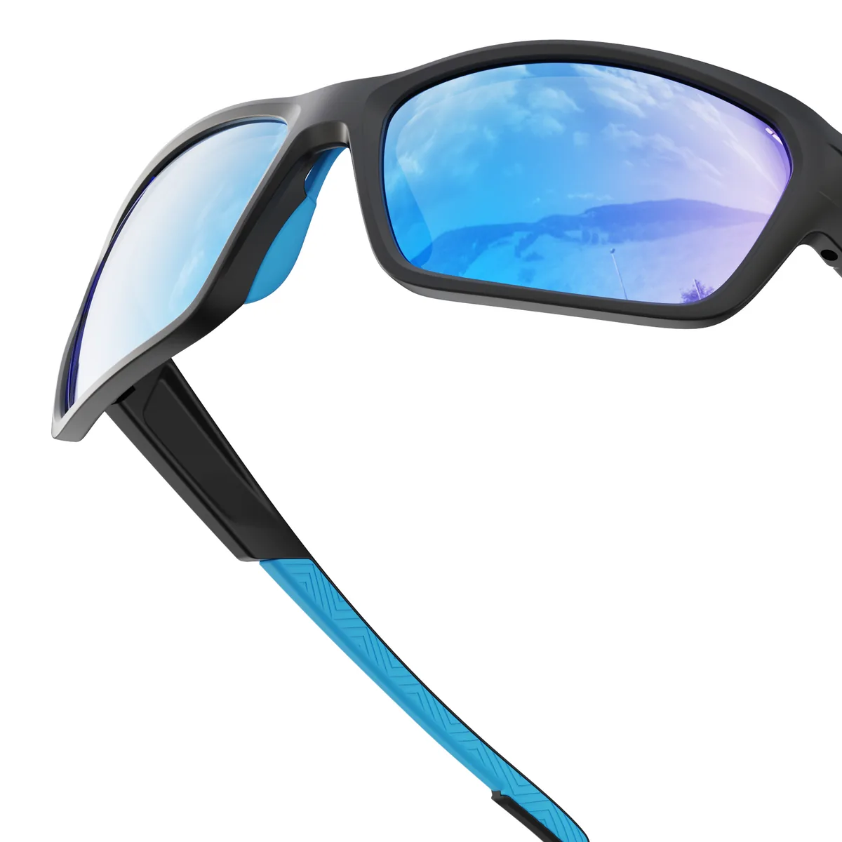 WORLUX KA02-03 full-rim sports sunglasses, matte black frame with ice blue — lens detail
