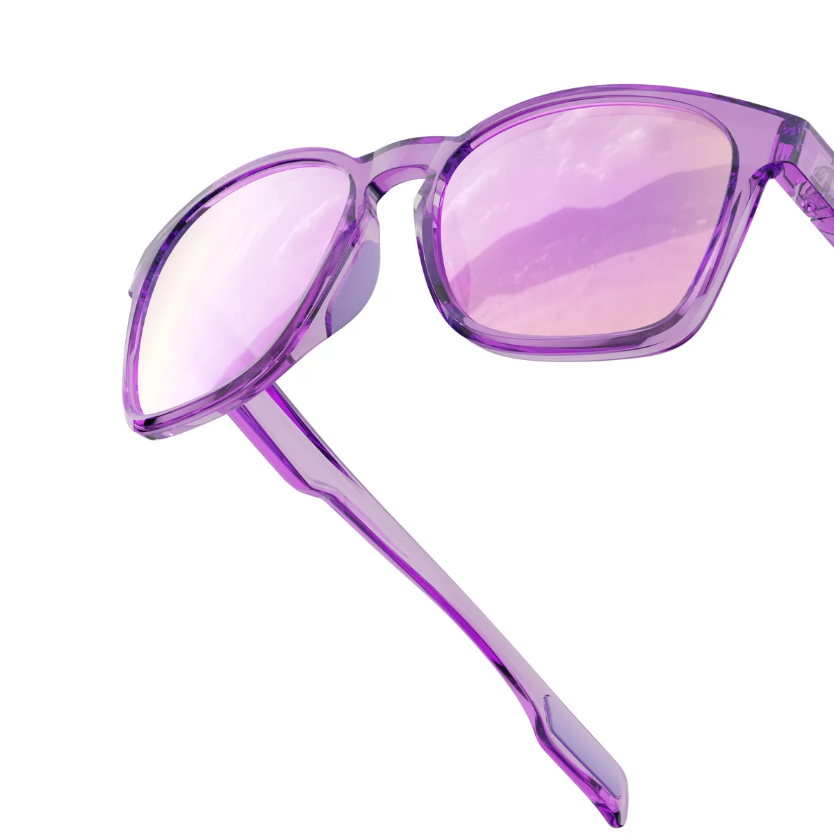 WORLUX KB05-11 lifestyle sports sunglasses, glossy translucent purple frame with purple mirror — lens detail
