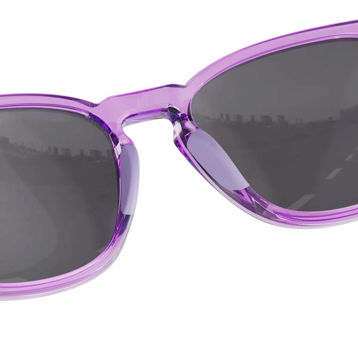 WORLUX KB05-11 lifestyle sports sunglasses, glossy translucent purple frame with purple mirror — nose pad detail