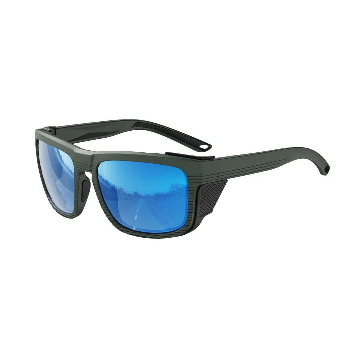 WORLUX KM-Y361F side-shield fishing sunglasses, deep jungle green frame with ice blue