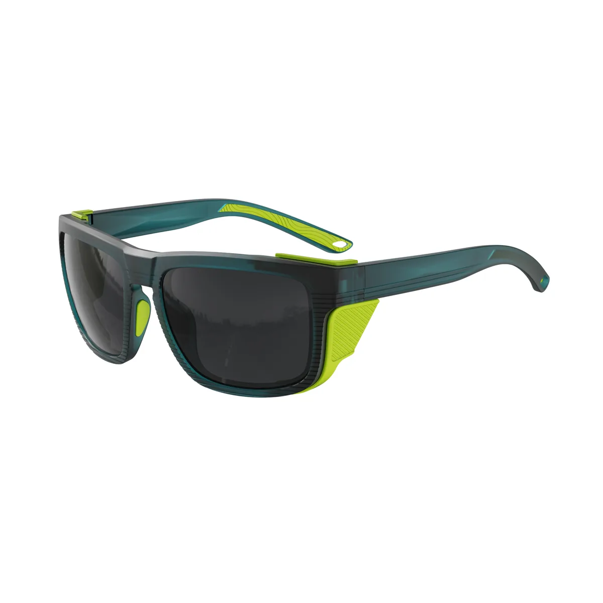 WORLUX KM-Y361F side-shield fishing sunglasses, matte translucent dark teal grey — lens detail