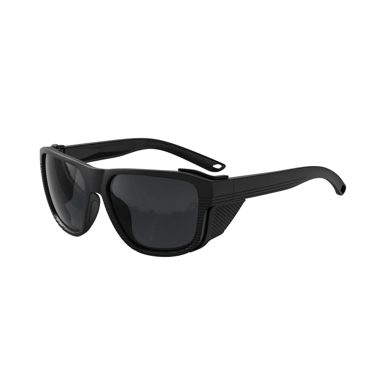 WORLUX KM-Y360F side-shield fishing sunglasses, matte black grey — lens detail