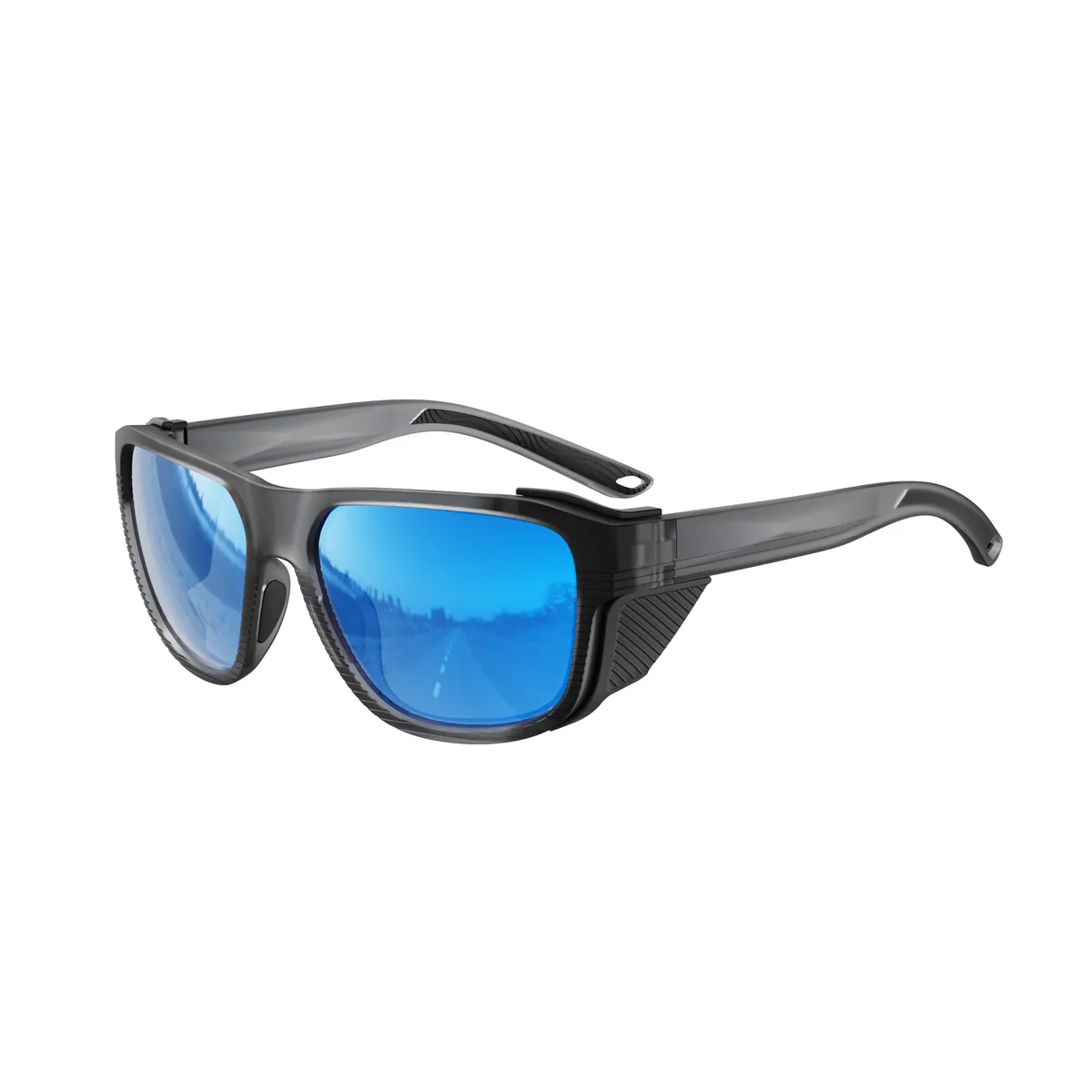 WORLUX KM-Y360F side-shield fishing sunglasses, matte translucent dark grey frame with ice blue