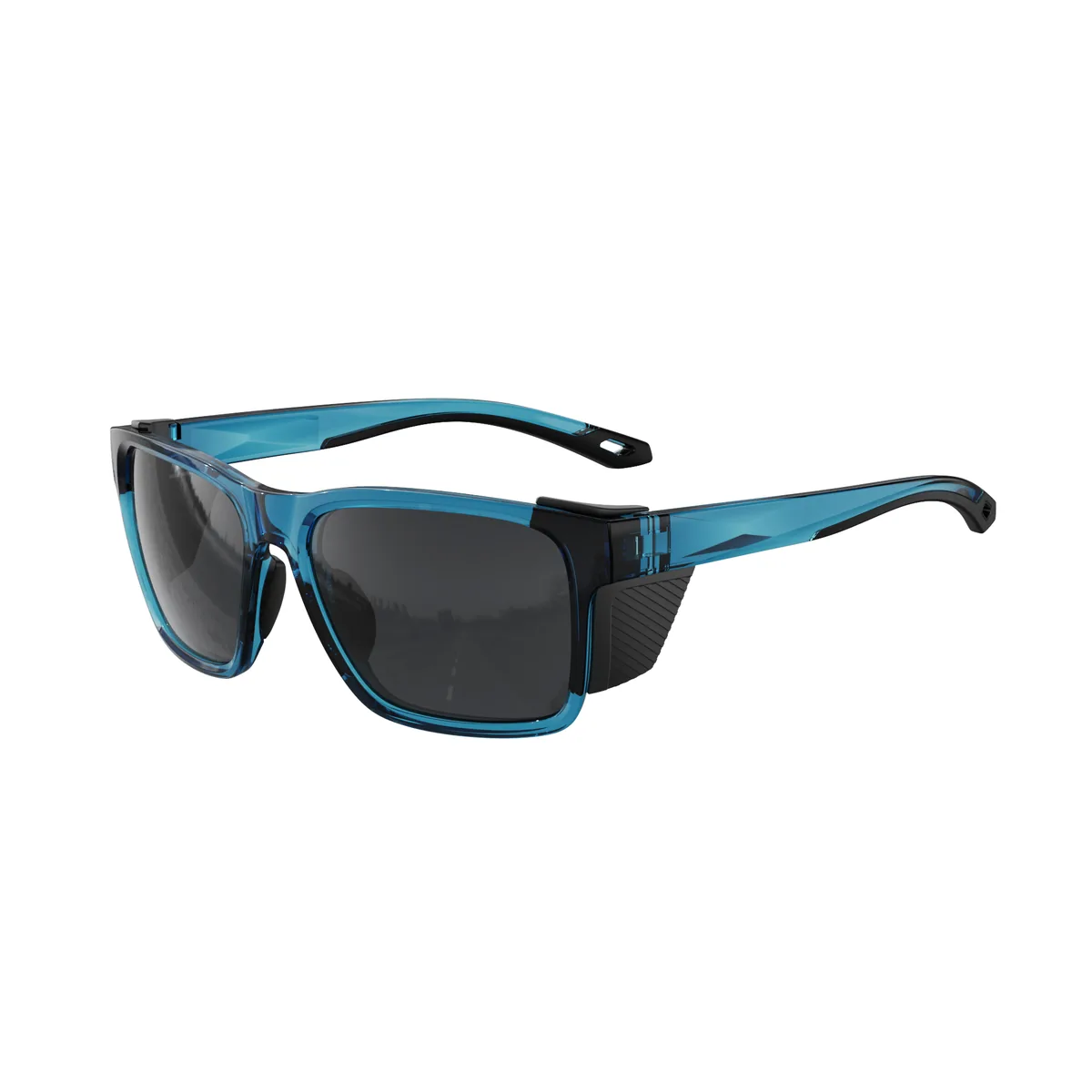 WORLUX KM-Y362F side-shield fishing sunglasses, glossy translucent ocean blue grey — lens detail